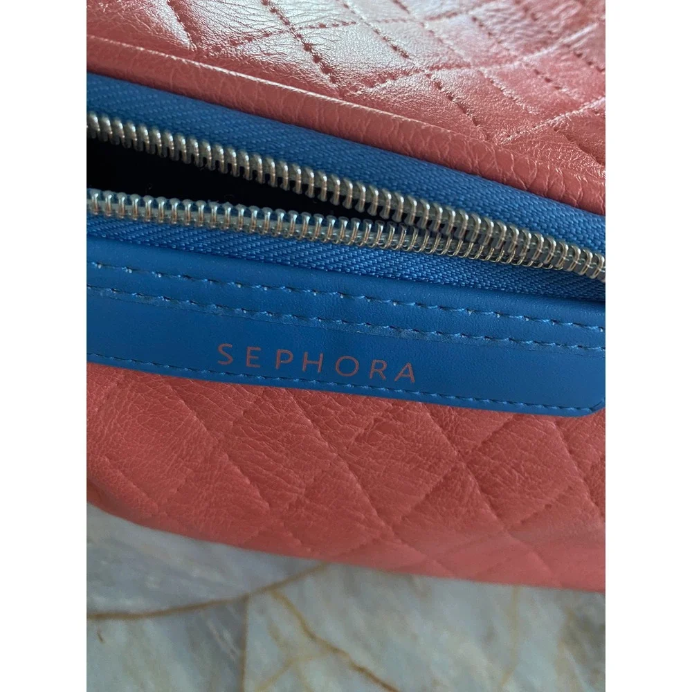 Sephora Quilted Makeup Bag Coral Pink Blue Trim Zippered Travel Train Case